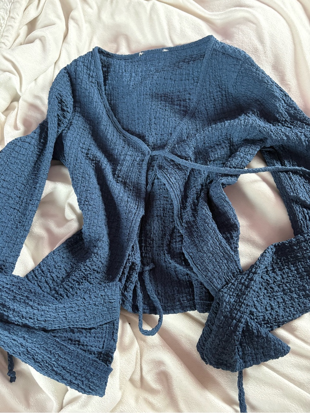 Textured Navy Wrap Top - Deep Blue Tie Front